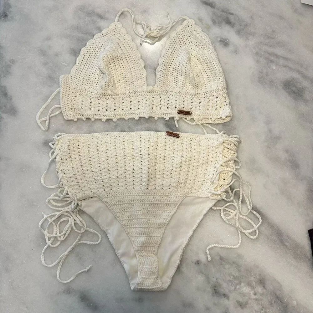 KereCrochet Strappy Halter Top and Lace-up Bottom 2 Piece Bikini Set Ivory XL